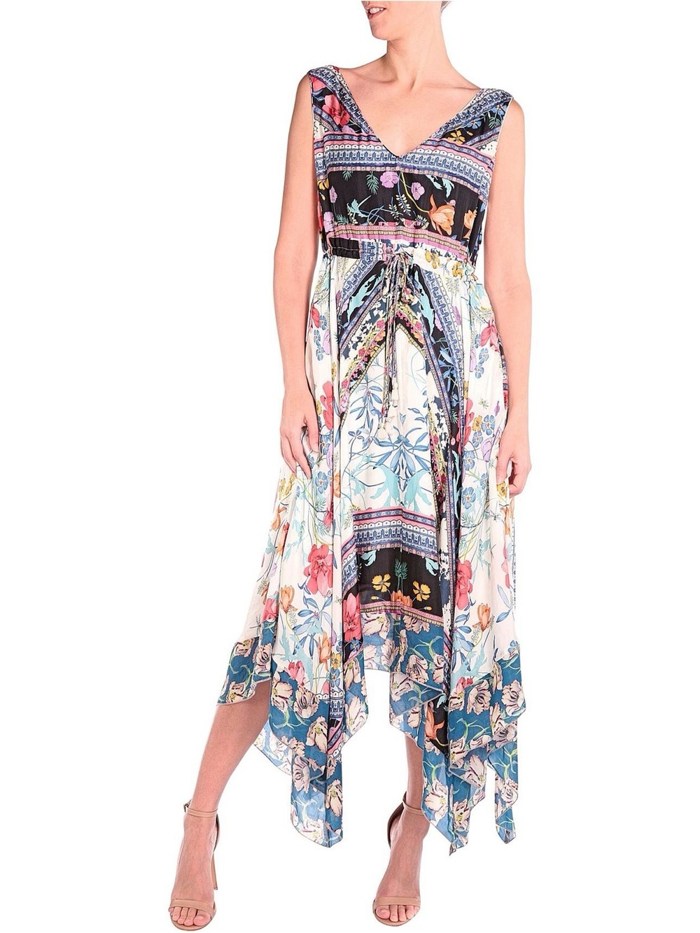 Johnny Was Cassia Dress Silk Handkerchief Floral Midi Blue White Pink Size XS